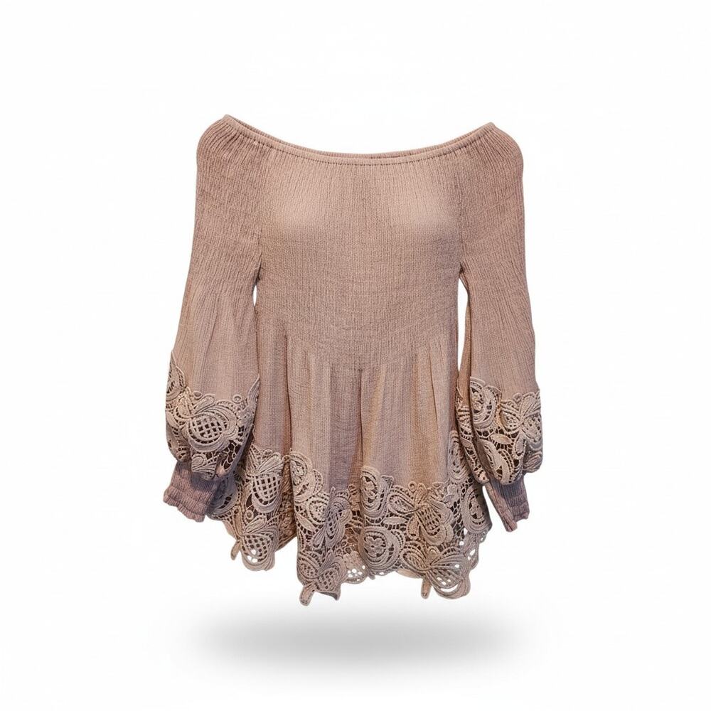 Big Hit Fashion Mauve Lace Milkmaid Country Core Ruched Top Sz L